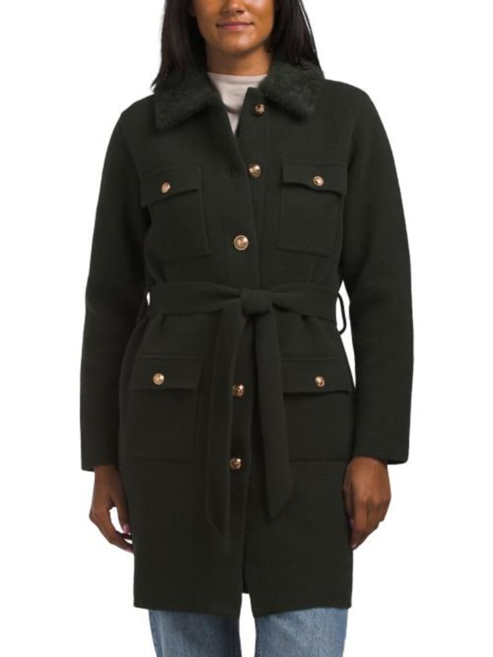 NVLT Mid Length Button Front Faux Mink Eyelash Military Coatigan